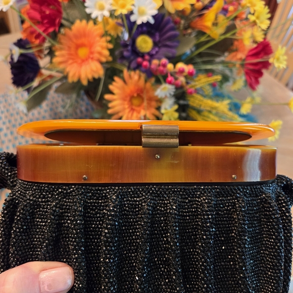 Rare Find Vintage Black Heavily Beaded & Pleated Box Purse 1940s - Picture 14 of 17